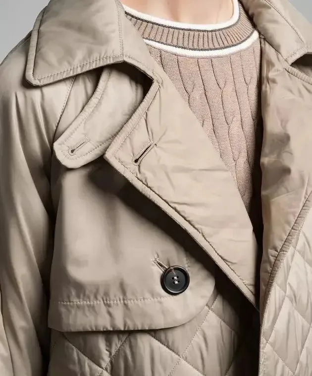 Women’s Belted Double-Breasted Quilted Trench Coat in Beige