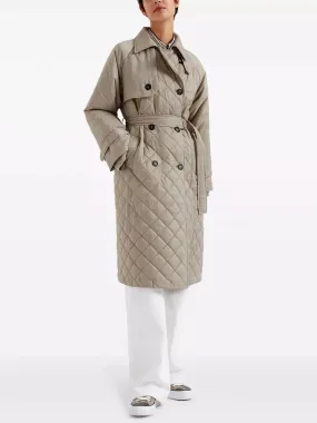 Women’s Belted Double-Breasted Quilted Trench Coat in Beige