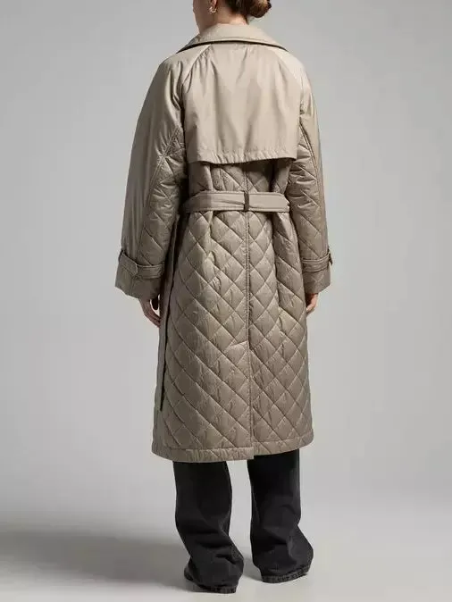 Women’s Belted Double-Breasted Quilted Trench Coat in Beige