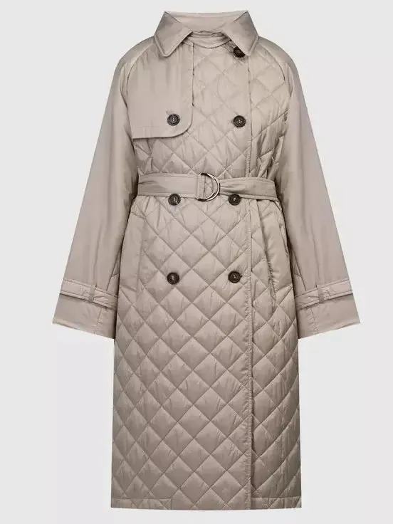 Women’s Belted Double-Breasted Quilted Trench Coat in Beige