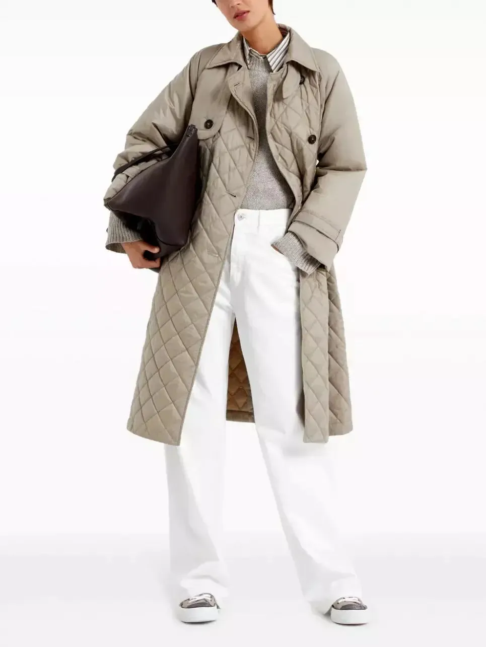 Women’s Belted Double-Breasted Quilted Trench Coat in Beige