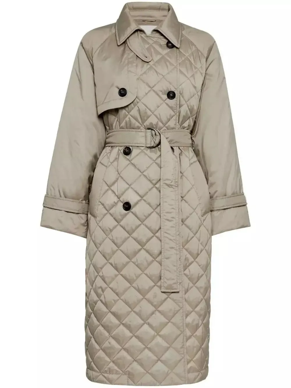 Women’s Belted Double-Breasted Quilted Trench Coat in Beige