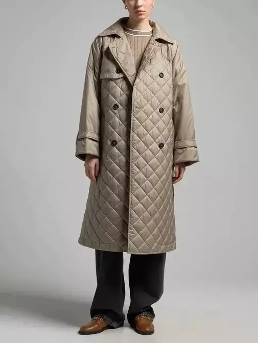 Women’s Belted Double-Breasted Quilted Trench Coat in Beige