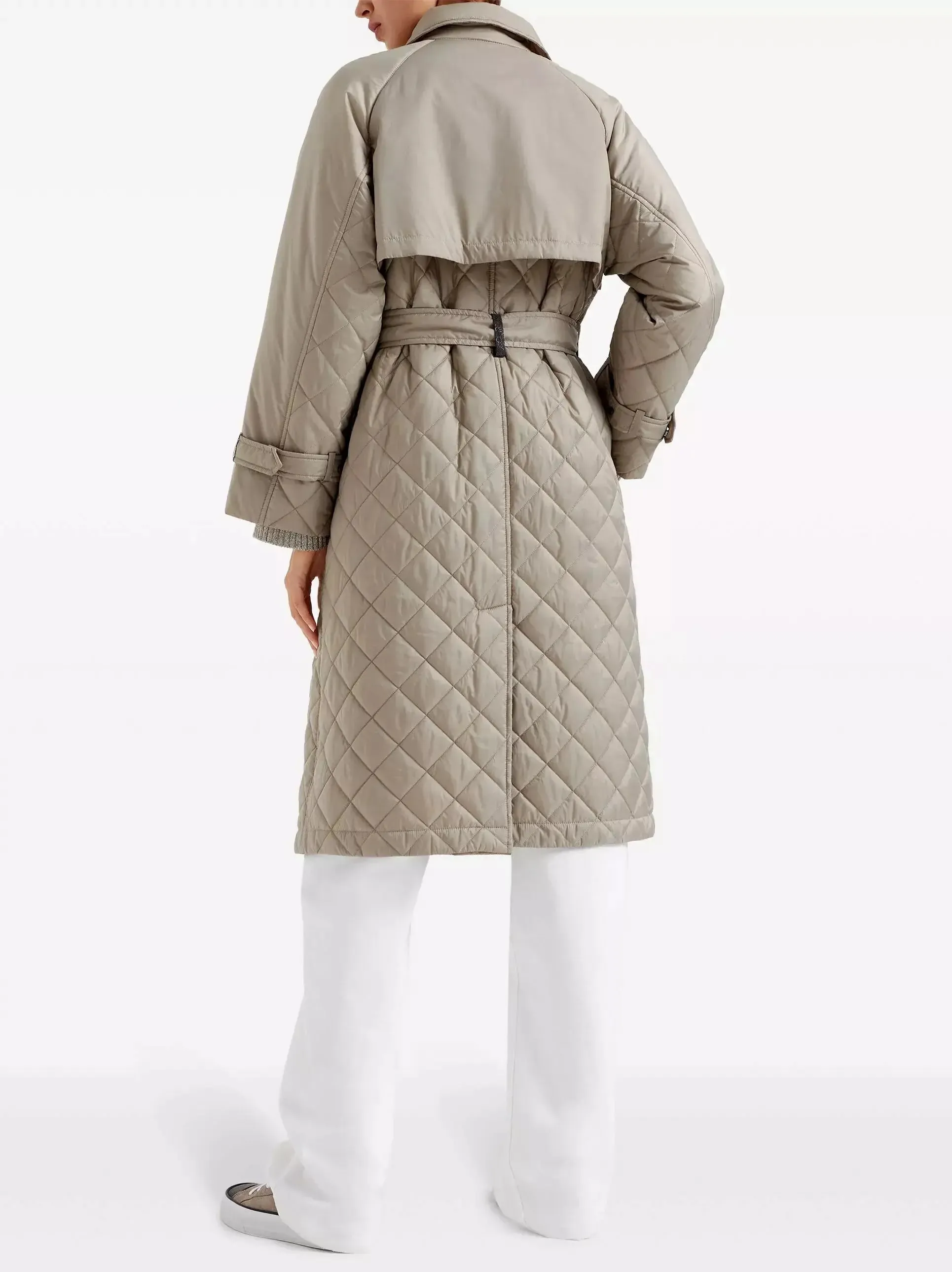 Women’s Belted Double-Breasted Quilted Trench Coat in Beige