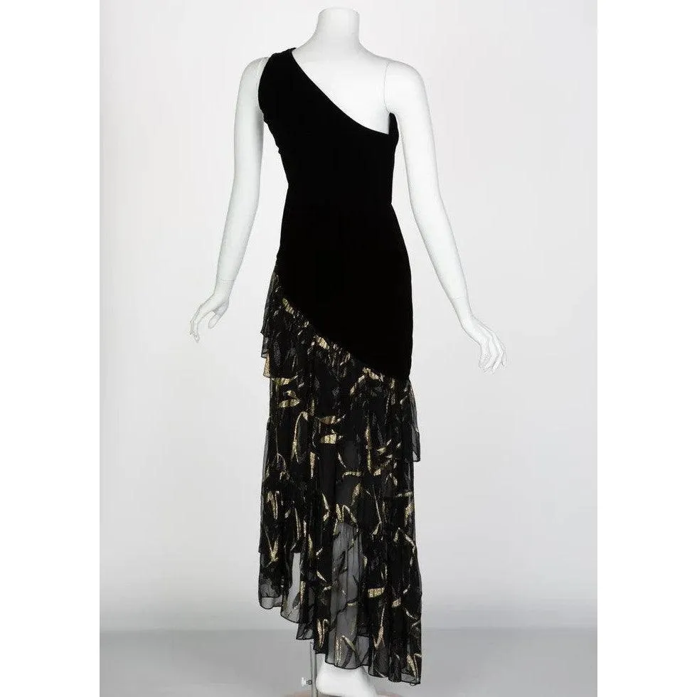 YVES SAINT LAURENT One Shoulder Black Velvet Metallic Layered Dress | Size XS/S